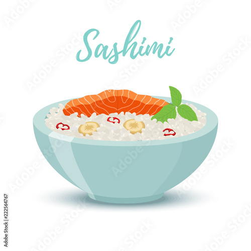 Vector Japan food - sashimi in blue bowl. Salmon