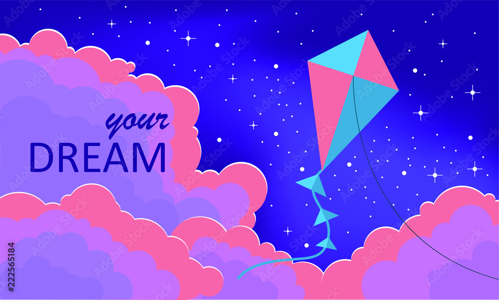 Kite flying in the night sky. Background of stars and clouds. Text