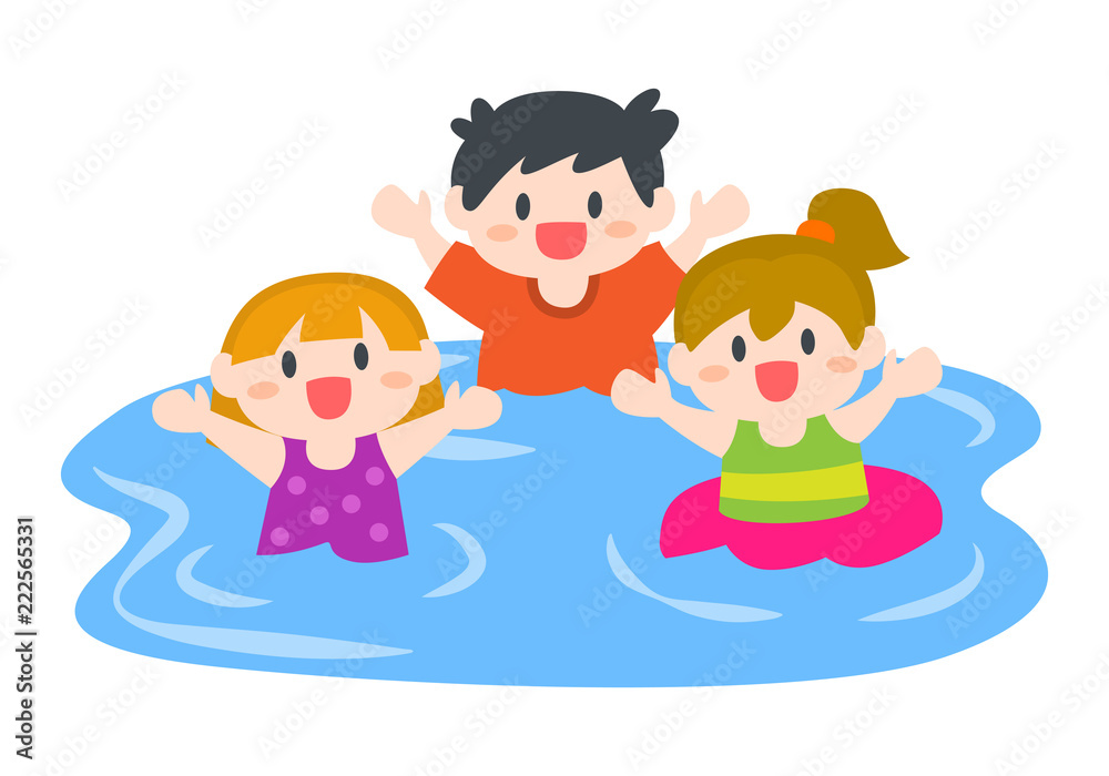 Happy Children, Boys and Girls Swimming at Beach or Pool, Summer Outdoor Activities