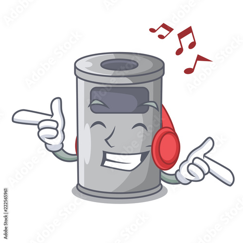 Listening music cartoon steel trash can in the room