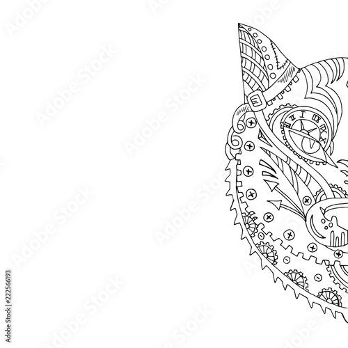 Wild beautiful wolf head hand draw on a white background. Color book. Fashion steam punk style in a vector illustration