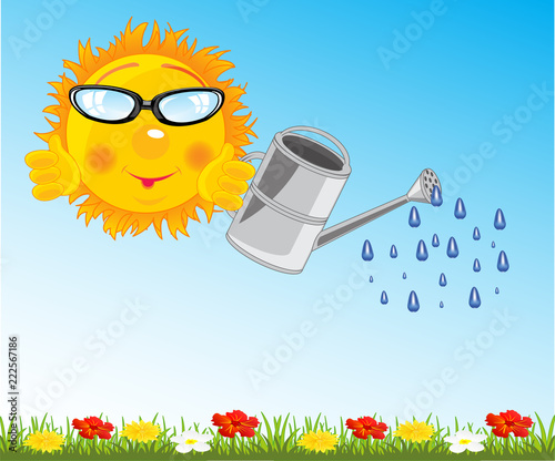 Vector illustration sun waterring flower on glade