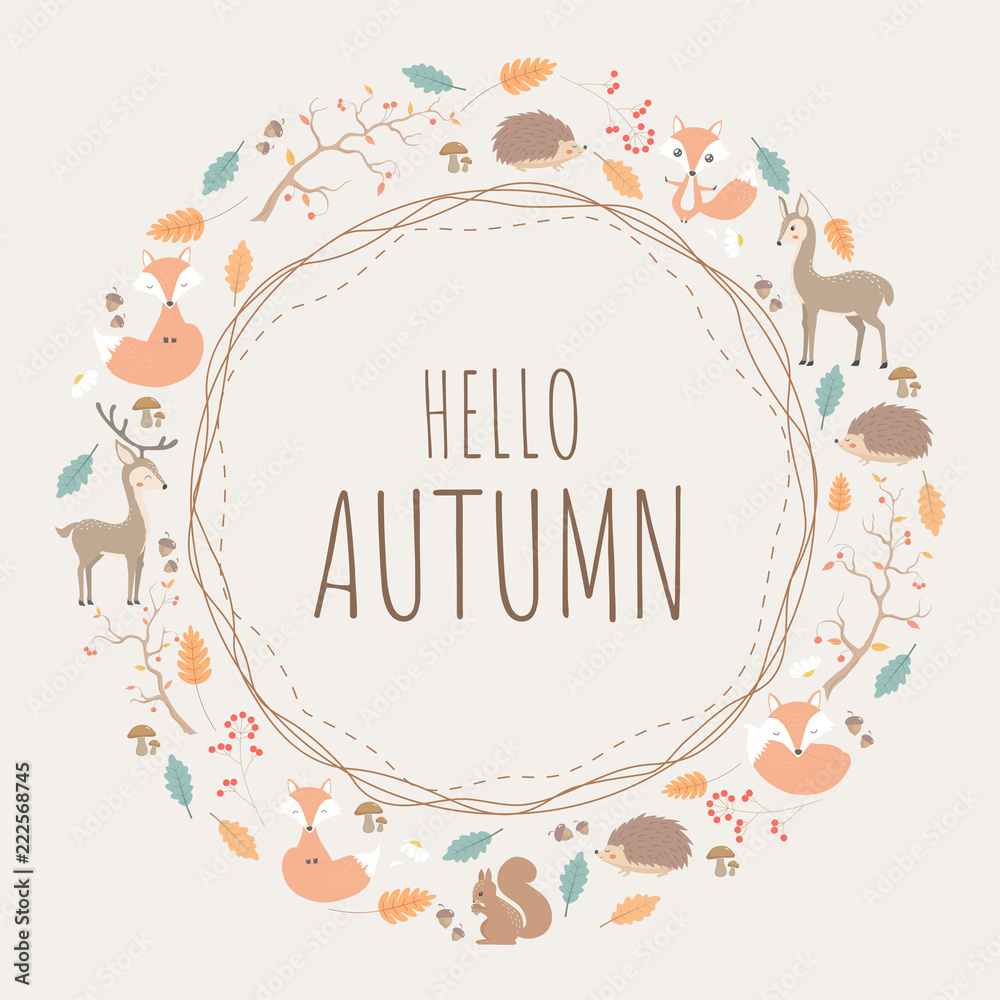 Round pattern design of Autumn background with animals and flowers. Round pattern design of Autumn background with animals and flowers.