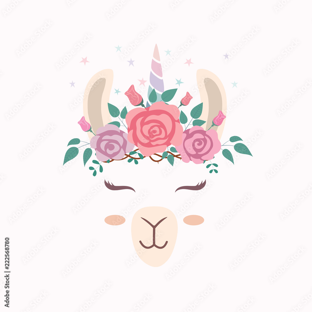 Cute llama head with unicorn horn.