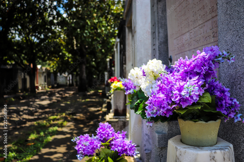 General angled view of old antique cemetery with raised crumbling sepulchers and blue skies