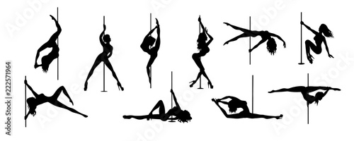 set of vector silhouette of girl and pole on a white background. Pole dance illustration for fitness, striptease dancers, exotic dance. Illustration EPS10 for logotype, badge, icon, logo, banner, tag. photo
