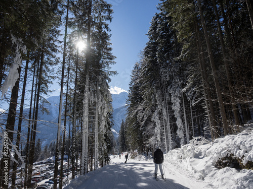 Skifahrer auf Talabfahrt in Winterlandschaft, Lofer, Österreich
