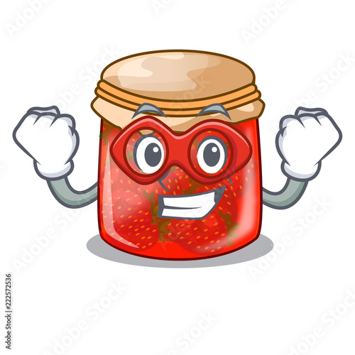 Super hero strawberry marmalade in glass jar of cartoon