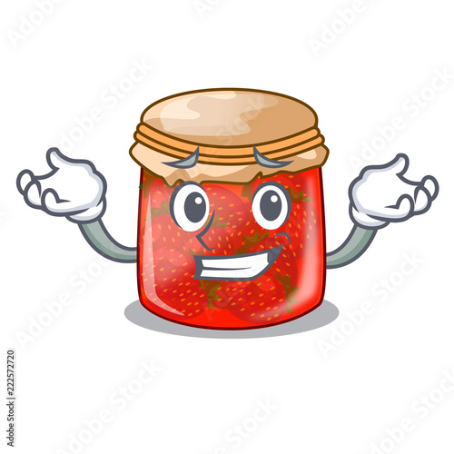 Grinning strawberry marmalade in glass jar of cartoon