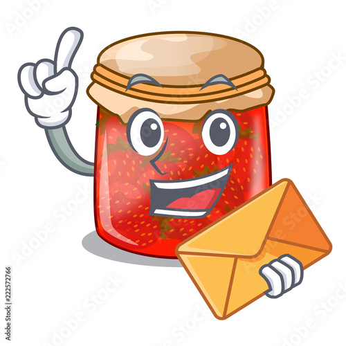 With envelope strawberry marmalade in glass jar of cartoon
