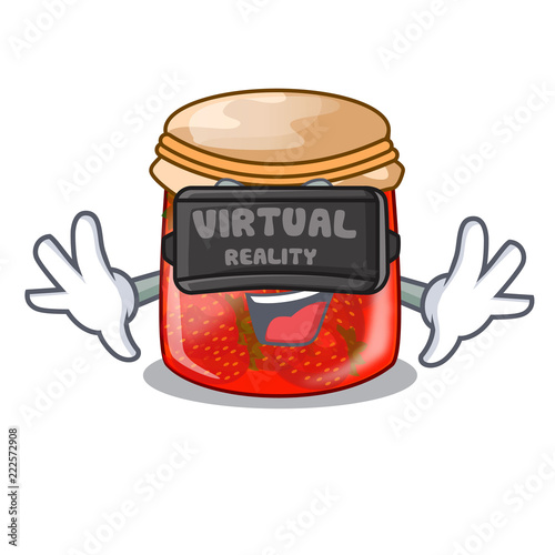 Virtual reality fresh tasty strawberry jam on mascot