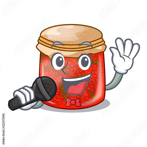 Singing fresh tasty strawberry jam on mascot