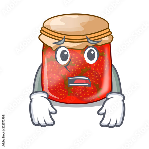 Afraid fresh tasty strawberry jam on mascot
