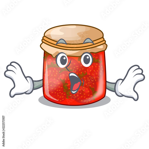 Surprised fresh tasty strawberry jam on mascot