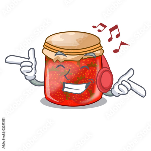 Listening music fresh tasty strawberry jam on mascot