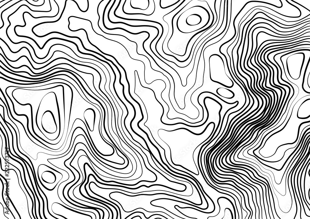 Abstract black and white topographic contours lines of mountains. Topography map art curve drawing. vector illustration.