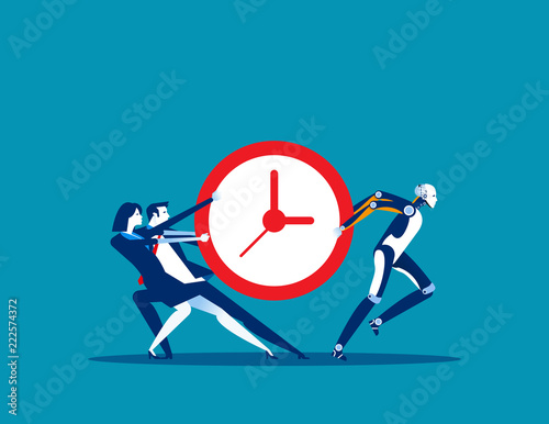Artificial Intelligence with Human and vying for time. Concept business vector, Take time, Teamwork, Clock