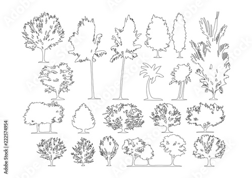 Set of side view graphics trees elements outline symbol for architecture and landscape design drawing. Vector illustration