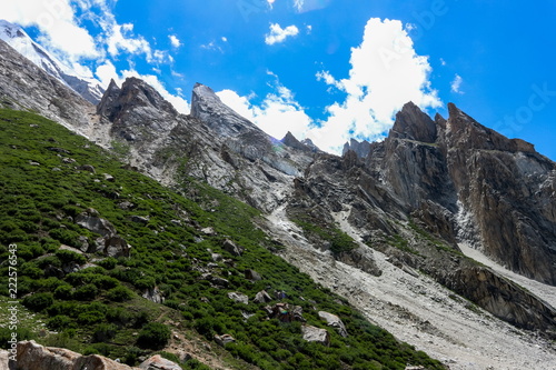 landscape of Karakorum mountain in summer, Khuspang camp, K2 Laila Peak and Gondogoro Glacier