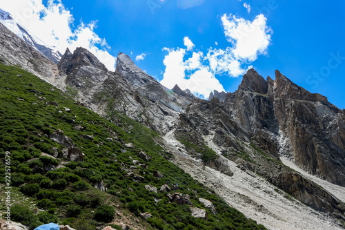 landscape of Karakorum mountain in summer, Khuspang camp, K2 Laila Peak and Gondogoro Glacier