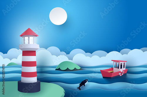 Paper art of lighthouse and small boat at the sea in night