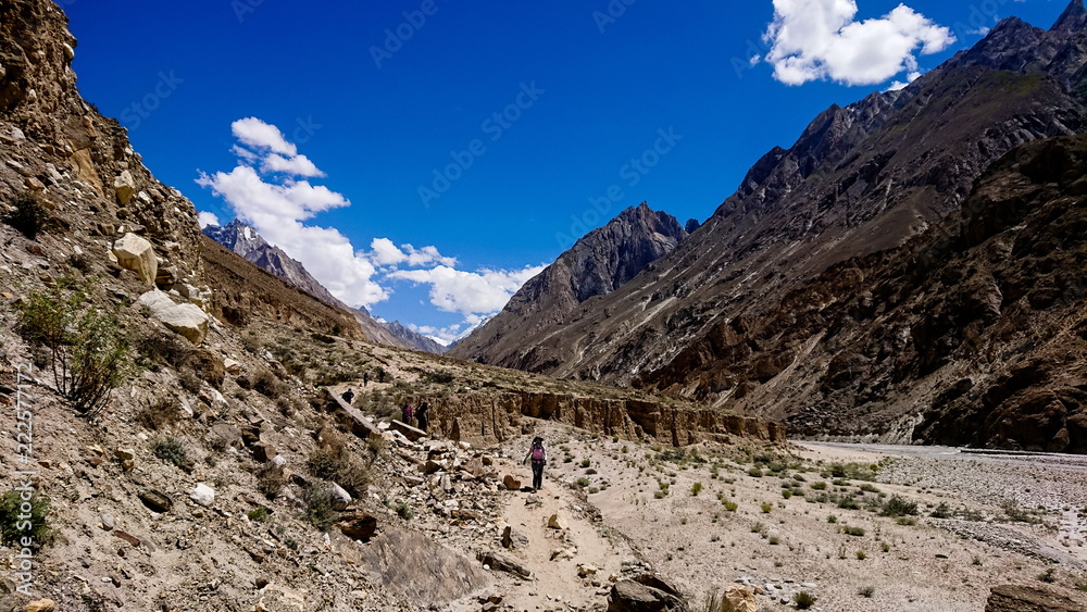 Trekking along in the Karakorum Mountains in Northern Pakistan, Landscape of K2 trekking trail in Karakoram range, Baltistan, Pakistan