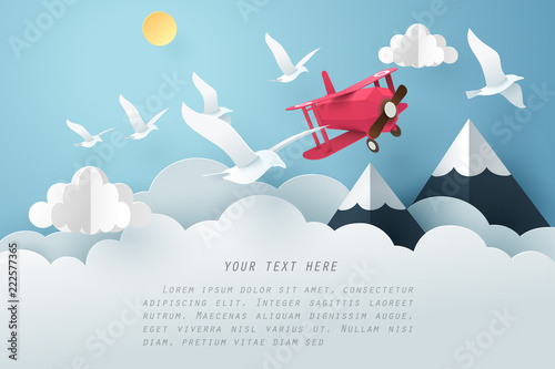 Paper art bird and airplane fly above the cloud, travel and freedom concept