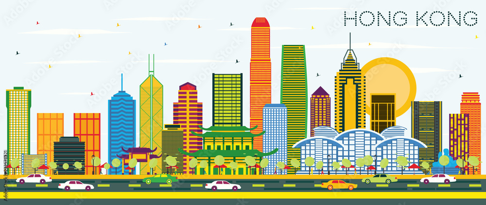 Obraz premium Hong Kong China City Skyline with Color Buildings and Blue Sky.
