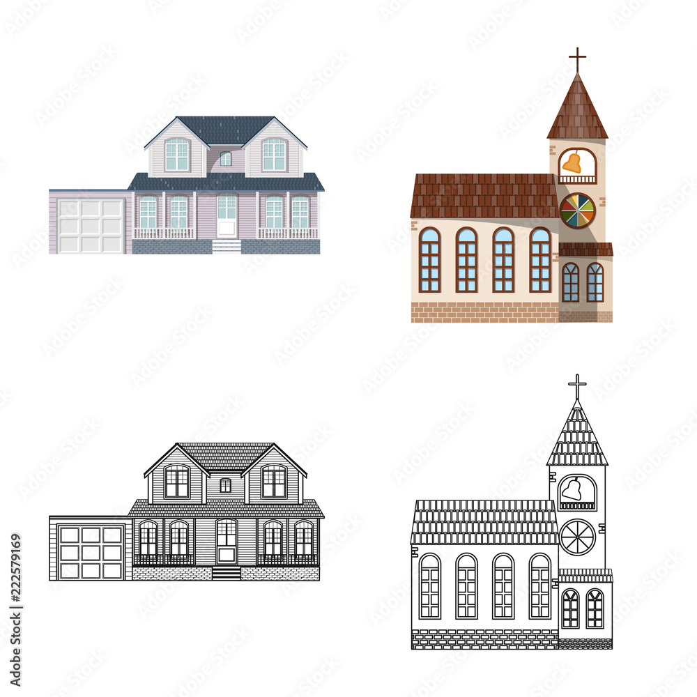 Vector illustration of building and front symbol. Set of building and roof vector icon for stock.