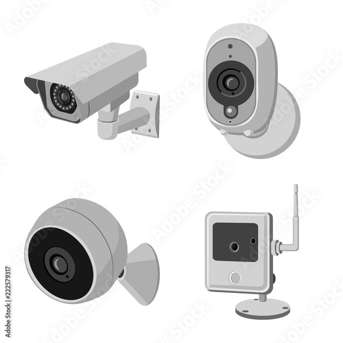 Vector illustration of cctv and camera sign. Collection of cctv and system stock vector illustration.