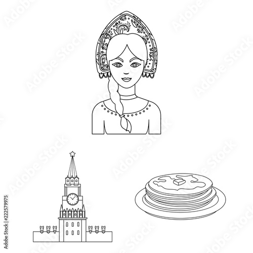 Country Russia, travel outline icons in set collection for design. Attractions and features vector symbol stock web illustration.