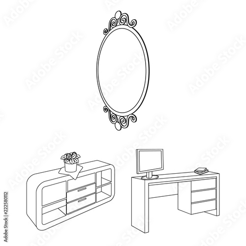 Furniture and interior outline icons in set collection for design. Home furnishings vector isometric symbol stock web illustration.
