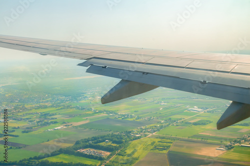 Airplane wing during landing with flaps down