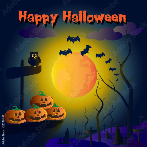 Halloween night background with pumpkins, the full moon and graves, vector