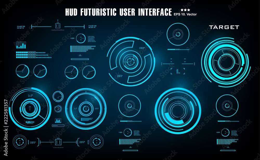 HUD Set elements target. Futuristic blue virtual graphic touch user interface, target HUD Set elements target. Futuristic blue virtual graphic touch user interface, target