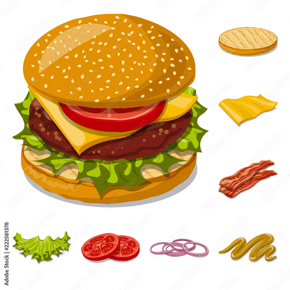 Isolated object of burger and sandwich logo. Set of burger and slice stock symbol for web. Isolated object of burger and sandwich logo. Set of burger and slice stock symbol for web.
