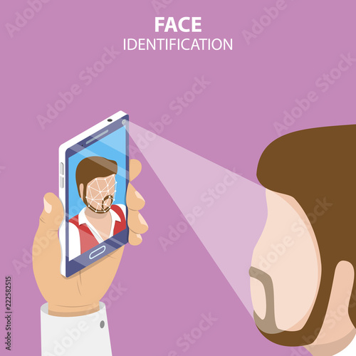 Flat isometric vector concept of biometric idetification, facial recognition system, digital verification. flat, isometric, vector,