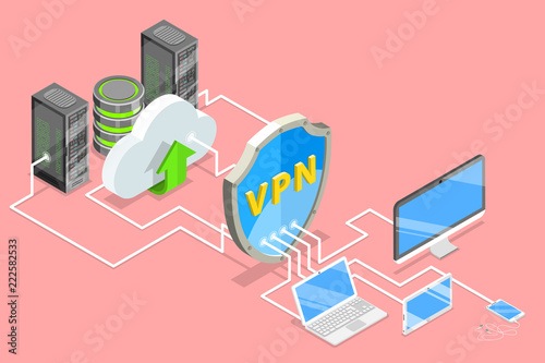 Isometric flat vector concept of VPN protection, cyber security, traffic encryption, virtual private network. photo
