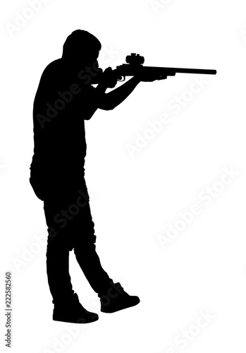 Silhouette of sniper vector silhouette illustration. Soldier with rifle with optic. Paintball player. Recreation with adrenaline in urban environment. Hunter with rifle outdoor action. Military skill.