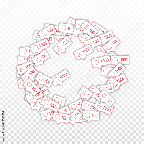Social media icons. Social media marketing concept. Falling counter comment friend notification. Rou