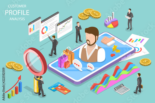 Isometric flat vector concept of customer profile analysis, client data, portfolio, target marketing.
