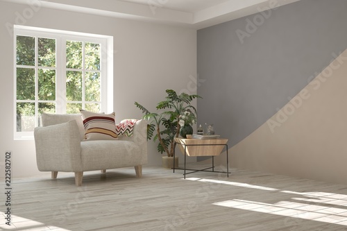 Fototapeta Naklejka Na Ścianę i Meble -  White room with armchair and green landscape in window. Scandinavian interior design. 3D illustration