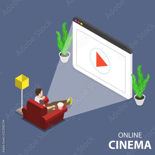Flat isometric vector concept of online home theatre, mobile movie.