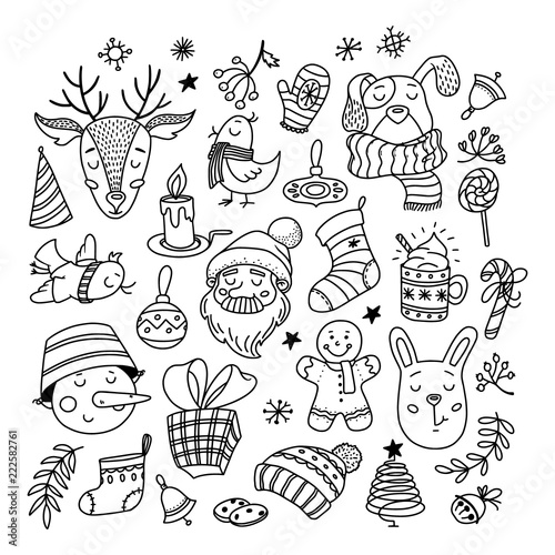 Set of Christmas doodles - Santa, deer, snowman, dog and bunny, objects, decorations, vector illustration isolated on white background. Collection of Chrismas doodles - characters, presents, objects