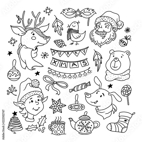Set of Christmas doodles Santa, reindeer, elf, dog and bear characters, objects, decorations, vector illustration isolated on white background. Collection of doodles - Chrismas characters and objects