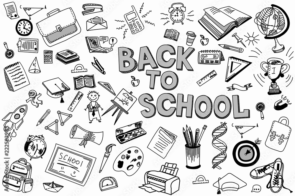 Fototapeta School and education doodles hand drawn sketch with symbols and objects. Education concept