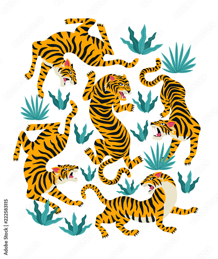 Fototapeta premium Wektor zestaw tygrysów i liści tropikalnych. Modna ilustracja.