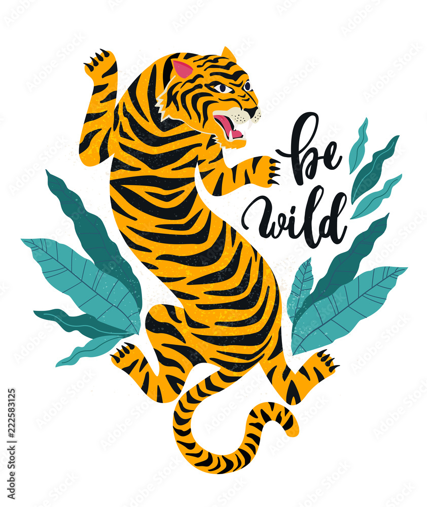 Fototapeta premium Bądź dziki. Ilustracja wektorowa tygrysa z tropikalnymi liśćmi. Modny design na karty, plakaty, koszulki i inne zastosowania.