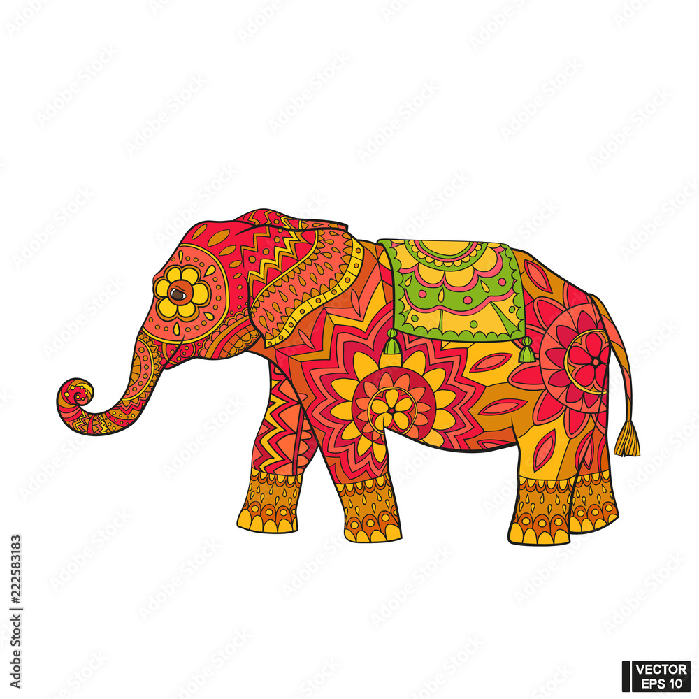 Indian elephant in floral patterns.