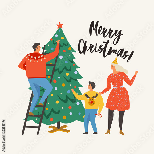 Merry Christmas greeting card with people. Family decorating a fir tree. Xmas winter poster collection.